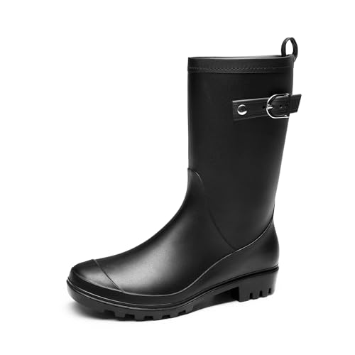 DREAM PAIRS Damen Gummistiefel Hohe Regenstiefel mit verstellbarer Schnalle und niedrigem Absatz,Size 40,Schwarz,SDRB2408W-E