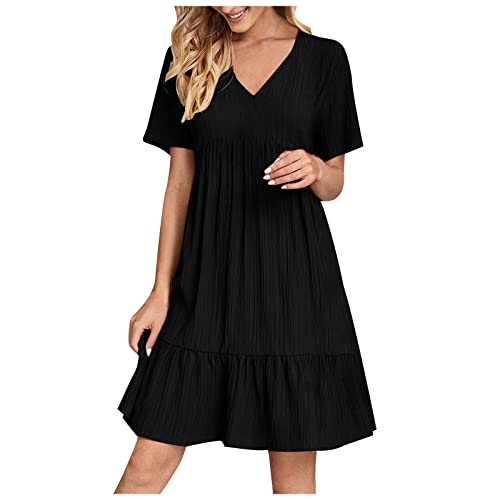 Sommerkleid Damen Boho Kurzarm Strandkleid Elegant Plissee Swing Kleider Knielang Rüschen Saum Blusenkleid A Linie V-Ausschnitt Minikleid Einfarbig Sommer Strandkleider Leichte Sommerkleider