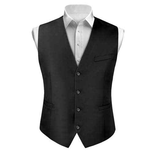 BSBUY Herren Weste Casual Anzugweste Regular mit 2 Taschen Mens V-Ausschnitt Weste Anzug Volltonfarbe Vintage Classic Gothic Weste Anzug Set für Formale Business Hochzeit Party Groomsmen Schwarz M
