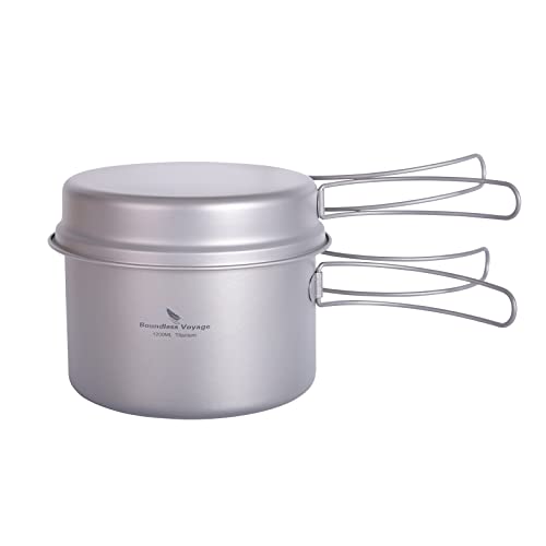 iBasingo Titan Topf Pfanne Set 1200ml & 500ml Camping Kochgeschirr Outdoor Schüssel Set Leichte Koch Mess Kit mit Klappgriff Küchen Utensilien Campingausrüstung für 1 Personen 2 Stücke/Set Ti2110C