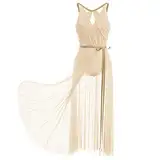 FYMNSI Damen Lyrisch Tanzkleid Ballettkleid ?rmellos Pailletten Trikot Mit Wickelrock Maxikleid T?ll Langes Trikotkleid Modern Contemporary Tanzkost?me Turnanzug B?hnenanzug Kost?m Champagner XS