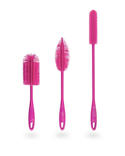 Kochblume Silikonbürsten 3er Set mit Wechselköpfen | Flaschenbürste, Spülbürste, Antibakteriell, Keimfrei (pink)