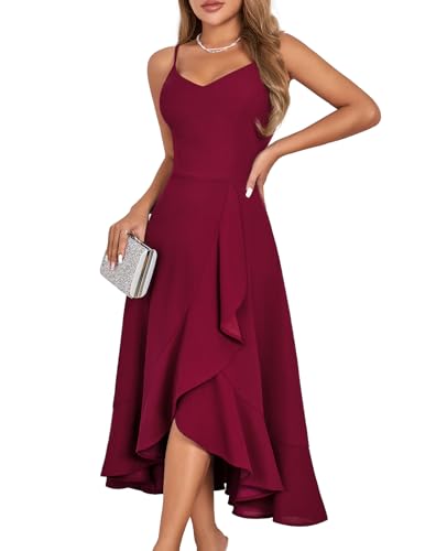DRESSTELLS Cocktailkleid Damen Festlich Träger Hochtief Kleider für Hochzeit Knielang Rüschensaum Sommerkleid Rückenfrei Curvy Elegantes Partykleid Burgundy S