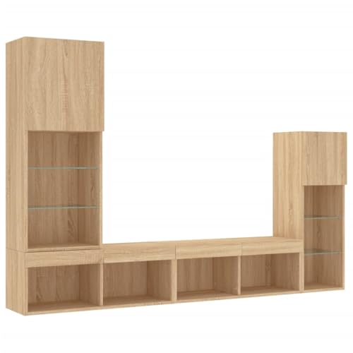 vidaXL Wohnwand 4-TLG., Schrankwand mit viel Stauraum, Anbauwand mit LED-Beleuchtung, Wandmontage Fernsehschrank Wohnzimmer Set Schrank, Sonoma-Eiche Holzwerkstoff