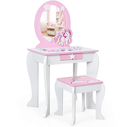 DREAMADE Kinder Schminktisch mit Hocker und Abnehmbarer Spiegel, Prinzessin Frisiertisch für Kinder, Frisierkommode mit Schublade Kinderschminktisch für Mädchen (Weiß)