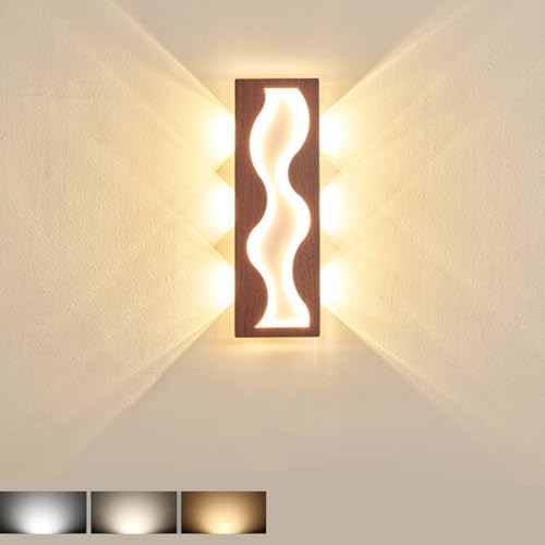 AoLa 26W LED Wandleuchte Innen Lange Wandlampe Modern Holzoptik 3 Farbtemperaturen 3000K/4000K/6000K mit Acryl Lampenschirm Wandbeleuchtung Deko Lampe für Schlafzimmer Wohnzimmer Flur