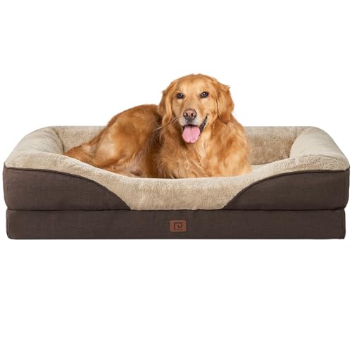 EHEYCIGA Orthopädisches Hundebett Grosse Hunde, Memory Foam Waschbar und Wasserdicht Hundekorb mit 4 Rändern, Hundesofa Hundecouch rutschfest, Braun, 106.5x76x18.5 cm