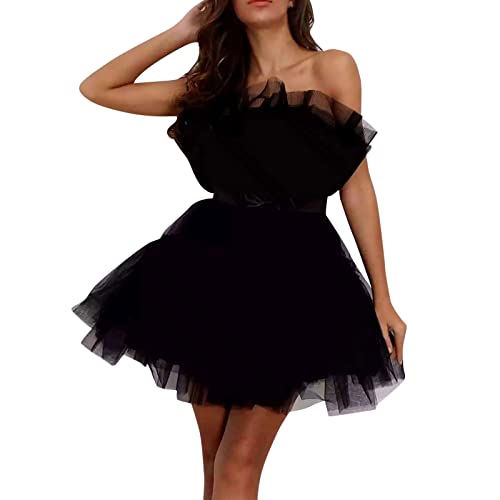 2023 Neu – Tüllkleid Damen Kurz Puffy Abschlussball Kleid Trägerlos Mesh Geburtstag Fee Kleider Rüschen Cocktail Party Poofy Kleid Fotoshooting Lang Mutterschaft Abendkleid, Schwarz , Medium