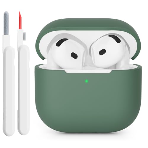 KOKOKA Silikonhülle Kompatibel mit AirPods 4 2024 Hülle Case, Front-LED Sichtbar, Stoßfeste Weiches Silikon Schutzhülle Case für AirPods 4. Generation mit Reinigungsset, Deep Green