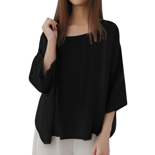 Damen T-Shirt mit Rundhalsausschnitt, lässig, einfarbig, langärmelig, lockere Bluse, Plissierte Oberteile Blickdichte (Black, M)