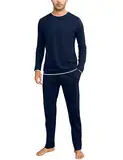 Aseniza Herren Schlafanzug Lang Pyjama Baumwolle Winter Zweiteilige Pyjamas mit Langarmshirt und Schlafanzughose für Männer,Blau,L