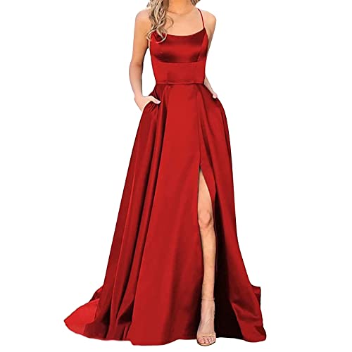 2025 - Ballkleider für Damen, lang, elegant, rückenfrei, lange Kleider, Crisn-Satin-Spaghetti-Party-Abschlussballkleid, Seitenschlitz, Hochzeits-Abend-Partykleid mit Taschen Kleid Damen (Red, M)