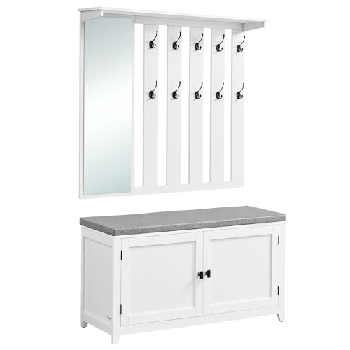 VASAGLE Schuhbank Wandgarderobe Set, Garderobe mit Spiegel, 10 Doppelhaken, Schuhschrank mit verstellbaren Ablagen, Doppeltüren, Sitzbank, Sitzpolster abnehmbar, 102 cm breit, wolkenweiß LSC011W01