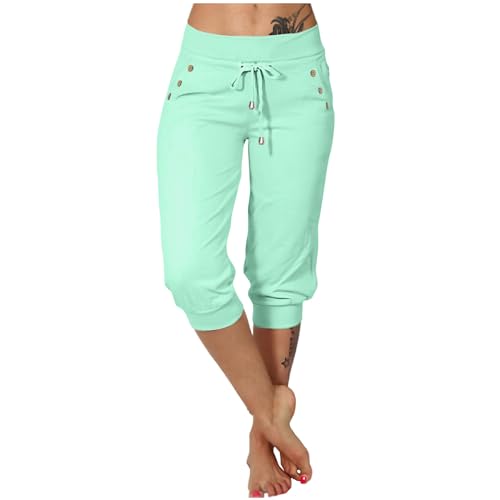 EMATOP 3/4 Lang Sommerhose Damen Leichter Sport Hose Casual Einfarbig Jogginghose High Waist Caprihose mit Taschen Stoffhose Baumwolle Elegant Sporthose Freizeithose Deals of The Day