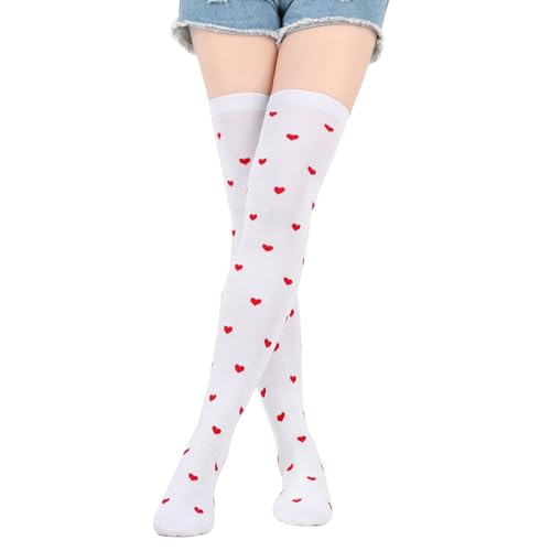 Btruely 1 Paar Overknees Strümpfe Damen Weiß - Herz Socken mit Schleife - Amor Kostüm Damen - Kniestrümpfe Damen für Valentinstag, Karneval, Mottoparty uvm.