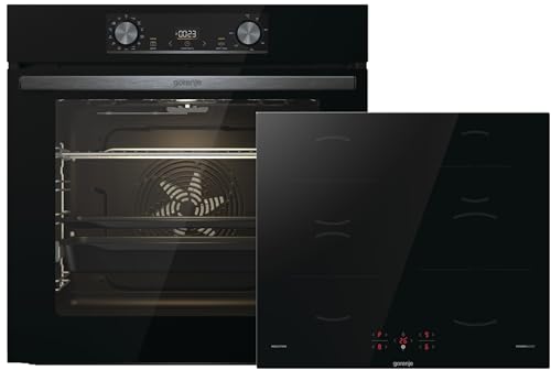 Gorenje OptiBake Black Induction Set 2 Einbau-Backofen-Set mit Induktionskochfeld, 77L, Made in Europe, AquaClean, ExtraSteam, AirFry, PizzaMode 300°C, PerfectGrill, Teleskopauszüge, schwarz