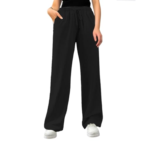 leinenhose damen schwarz, Musselin Hose Damen Lang Leicht Sommerhose Stoffhose Einfarbig Weites Bein Freizeithose Gerade Geschnitten Leinenhose Casual Locker Strandhose mit Tunnelzug und Taschen