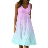 Strandkleid Damen Kurz Ärmellos Lässig Sommerkleid Damen Elegant A Linie Trägerkleid Gradientenfarbe Ärmellos Hohe Taille Minikleid Luftig Leicht Cover Up Rundhals Rüschen Saum Freizeitkleid