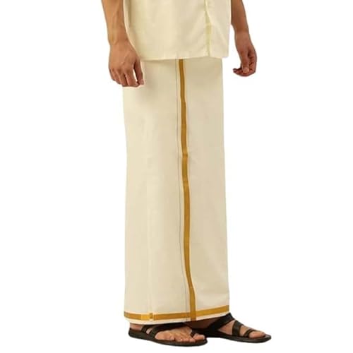 Stylesindia Lungi-Sarong aus Baumwolle, einlagig, Dhoti, traditionell, indische Kleidung, mit goldfarbener Zari-Bordüre, 2,0 m, cremefarben, Cream, Einheitsgröße