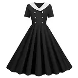 Sommer Außenhandel Explosion Damen V-Ausschnitt Kurzarm Einfarbig Retro Zweireiher Knopf Big Swing Kleid Niedlich Winterkleider für Frauen, Schwarz , L