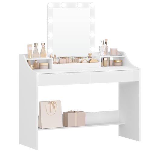 Hzuaneri Schminktisch mit LED-Beleuchtung, Einstellbare Helligkeit, Schminktisch mit Spiegel, mit 2 Schubladen und 3 Offenen Fächern, Modern, Weiß DT40803X