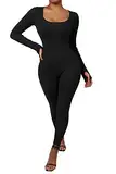 RXRXCOCO Gerippte Langarm Jumpsuits Damen Eng Square Neck Einteiler Bauchweg Sport Yoga Overall Romper Schwarz M