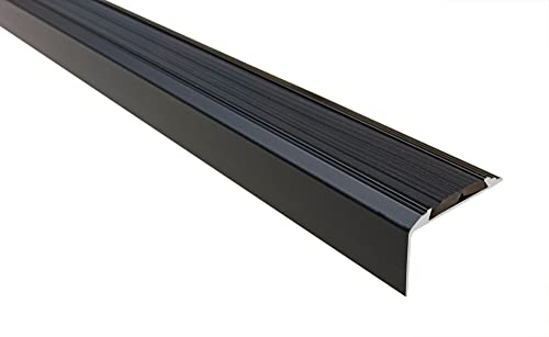 Effector | Treppenkantenprofil mit Antirutschbelag | Anti Rutsch Aluwinkel | Übergangsleiste | Alu Winkelprofil 46x29 x 1800 mm | Aluminium SCHWARZ eloxiert | Kantenschutz zum Schrauben | 1 Stück