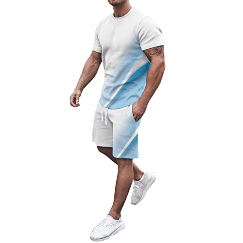 Herren Sommer bedrucktes Kurzarm-T-Shirt Rundhalsausschnitt Top Tether Shorts Anzüge Reisetasche Sweatjacke Mit Jogginganzug Jogginghose Bekleidungsset Sportanzug Zweiteiler Sport (White, L)