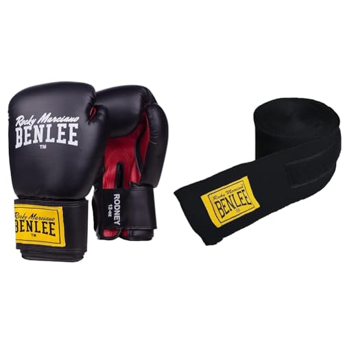 BENLEE Boxhandschuhe aus Artificial Leather Rodney Black/Red 14 oz & Elastische Boxbandage 3,0m