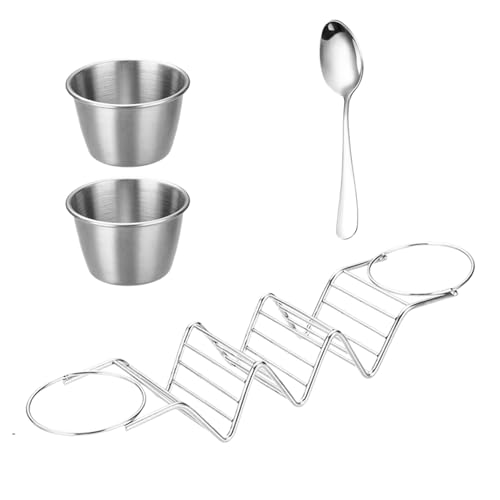 Taco-Halter-Ständer – Edelstahl-Taco-Rack, Taco-Bar-Servierset, Burrito-Ständer mit Saucenbecher, Löffel, hitzebeständig, hohl, spülmaschinenfest, grillsicher, Mehrzweck-Taco-Bar-Servierset