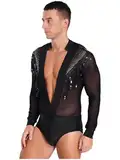 TiaoBug Herren Latein Body Langarm Hemd mit Tiefer V Ausschnitt Ballettanzug Transparent Ballett Trikot Pailletten Quaste Gymnastik Leotard Glänzend Kostüm Schwarz L