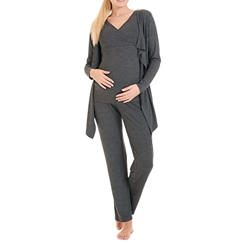 Herzmutter Stillpyjama-Set - 3-teilig - Umstands-Pyjama für Damen - Schwangerschafts-Wellness-Set - Hose-Top-Cardigan - 8100 (Dunkelgrau, S)