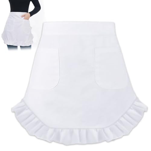 Mumjooyi Weiße Taillenschürze Rüschenschürze Schürze Dame Hausmädchen Schürze mit 2 Taschen Cosplay-Taillenschürze Verstellbare Taille Servierschürze Weiß Pinafore Schürzen Küche, Party