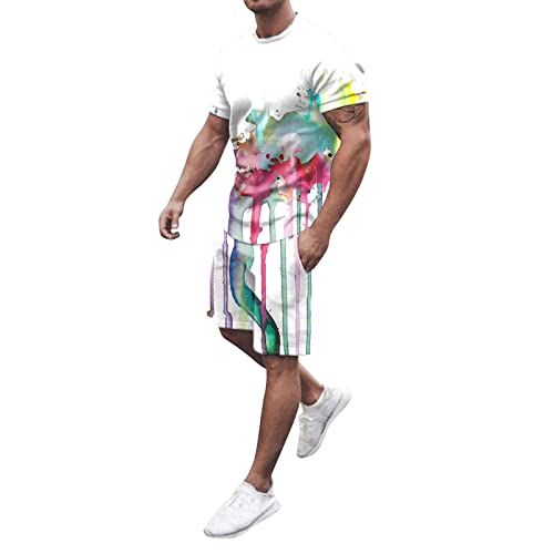 Herren Sommer Outfit Strand Kurzarm bedrucktes Hemd Kurzer Hemd Hosenanzug mit Taschen Anzüge Für Herren Poloshirt mit Kurze Hose Herren mit elastischer Taille Baggy Freizeitanzug (White, XL)