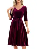 Bbonlinedress Samtkleid Damen Langarm Midilang Abendkleid elegant für Hochzeit Winter Festliche Kleider Vintage Rockabilly Cocktailkleid Party Weihnachtskleid Burgundy M