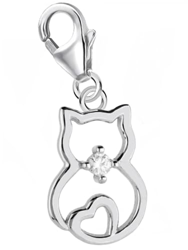 Goldene Hufeisen Katze Charm-Anhänger aus 925 Sterling-Silber Zirkonia Kristallsteine, Karabinerverschluss, für Armbänder, Bettelarmbänder C138