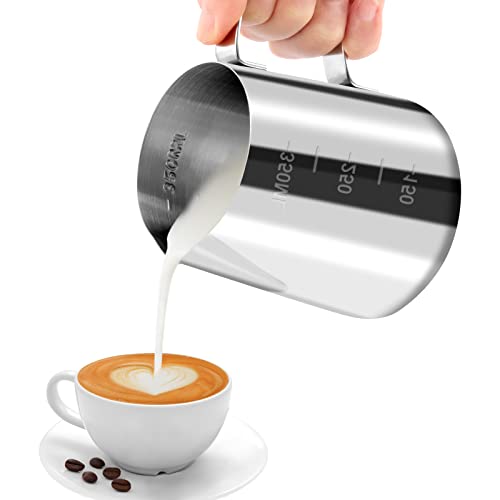 JOPHEK Milchkännchen, Handheld Edelstahl Aufschäumkännchen, Kaffee Creamer Milch Aufschäumer Kännchen Tasse mit Messung Mark, Milchkännchen Perfekt für Barista Cappuccino Espresso Latte (350ml)