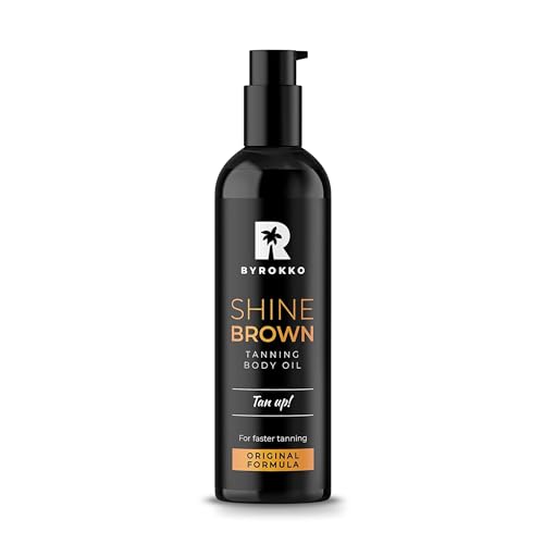 BYROKKO Shine Brown Premium Bräunungsbeschleuniger-Öl (150 ml), XXL Bräunungsbeschleuniger für Solarium & Außensonne, Bräune mit natürlichen Zutaten. Kokosnussöl, Walnussöl, Haselnussöl, Alle