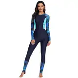 Odizli Neoprenanzug Damen Badeanzug mit Bein Cups Schwimmanzug Burkini Muslim Muslimische Frauen Langarm Reißverschluss Lang Rashguard Bademode Surfanzug Sun Permeable Swimsuit Dunkelblau S