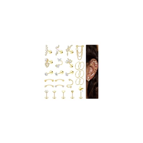 Adramata 26Pcs Helix Piercings Chirurgenstahl Ohrringe Piercing Set Flatback Ohrstecker Ohr Piercing Helix Ring Knorpel Ohrringe Damen Gold Silber Conch Rook Tragus Piercing Ohr Schmuck