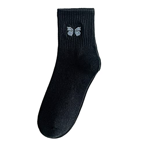 XTBFOOJ Socken Damen Baumwolle Damensocken aus reiner Baumwolle, Mode-Schmetterling, bestickte Strümpfe, Sportsocken Kurze Sneaker Socken Damen (d-Black, One Size) Sneaker Socken Damen 39-42 Schwarz