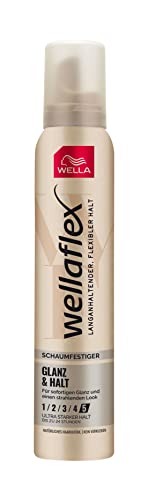 Wellaflex Schaumfestiger Glanz & Halt Ultra Stark – Haarschaum für 24h flexiblen Halt ohne Verkleben – mit UV-Schutz und Hair Taming Complex mit Macadamia-Öl – 200 ml