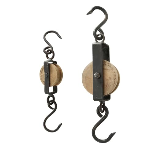 ReWu Garderobenhaken Wandhaken Flaschenzug aus Mangoholz und Metall Antikes Design 20-27 cm 2teiliges Set