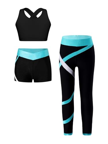 Kvysinly Kinder Mädchen Sportanzug Set Trainingsanzug Sport Outfit Jogginganzug Sportlich Weste Mit Shorts Leggings Sportbekleidung Yoga Workout Gym Blau Grün 158-164