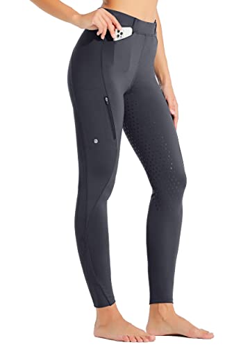 WILLIT Damen Reithose Reitleggings Vollbesatz Silikon Reithose High Waist Stretch Reithose mit Reißverschlusstasche Gürtelschlaufen Dunkelgrau M