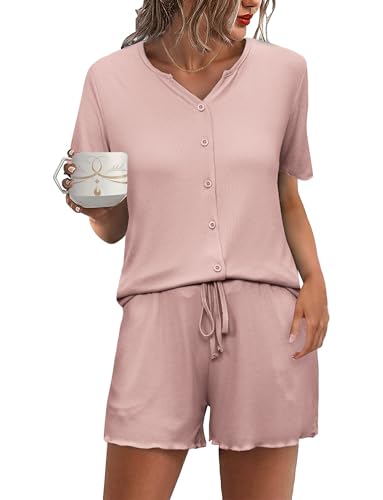 Demegimi Schlafanzug Damen Kurz Pyjama Baumwolle Sommer Shorty Nachtwäsche Kurzarm Schlafanzüge mit Knopfleiste S-XXL