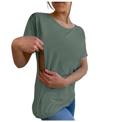 Damen Stillshirt Kurzarm Umstandsshirt Stillen Stillfreundliches Umstandsmode T-Shirt mit Reißverschluss Mama's Boobery Always On Tap Oberteil Elegant Schwangere Nursing Tops (Green-2, M)