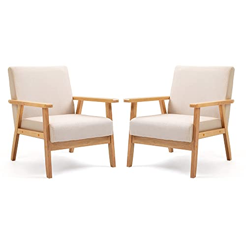 Mingone 2er Set Sessel Gepolsterter Cocktailsessel Skandinavischer Stil Loungesessel Modern Einzelsofa Massivholz für Wohnzimmer Schlafzimmer Beige,64.5x67x73.5cm