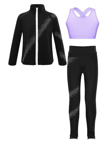 FEESHOW Mädchen Sport Kleidung Set Eiskunstlauf Anzug Sport BH Sport Leggings Sweatjacke Set Kinder Eislaufen Trainingsoutfit Yoga Workout Outfit Lavendel_B 134-140