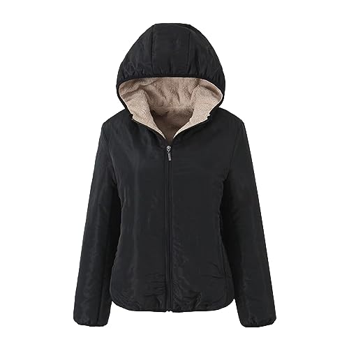 QWUVEDS Slim-Fit-Damenjacke mit Kapuze, Fleecefutter und Schaffellbesatz Ultraleichte Steppjacke (Black, S)